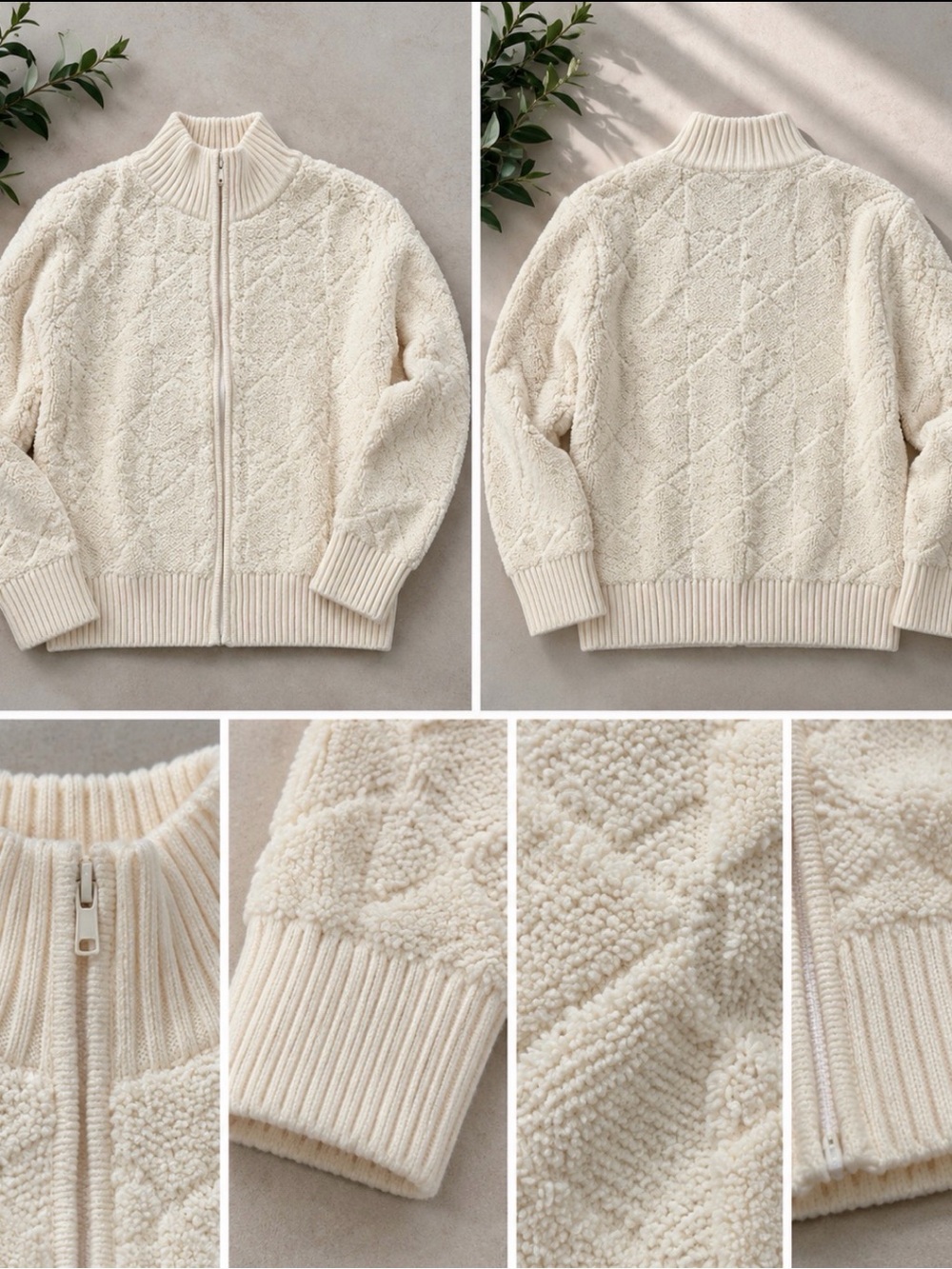 Chamilia Cream Quilted Zip-Up Sweater size M